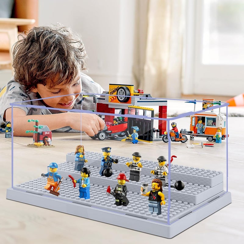 Pokiiulk 2 Pack Display Case for Minifigure Action Figures Blocks, Acrylic Minifigure Display Case Box Storage with 3 Movable Steps Gift for Kids Adults (Grey) - Image 2